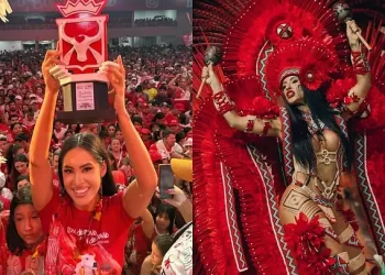 Isabelle Nogueira, cunhã-poranga do Garantido, conectou a vitória ao impacto que o festival gera em Parintins